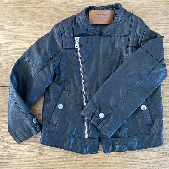 Zara leather-like black biker jacket, Girls size 4 - Picture 1 of 6